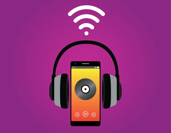 Smartphone con auriculares escuchar música uso wifi vector de señal — Archivo Imágenes Vectoriales