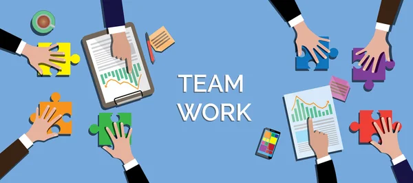 Team work concept together use puzzle or jigsaw vector — Stock Vector