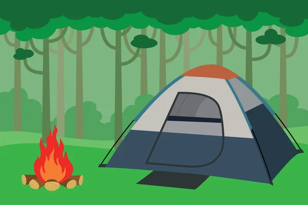 Tenda camping dentro da selva com árvores floresta e fogueira — Vetor de Stock