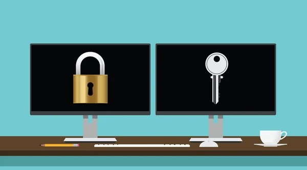 ロックおよびキーは、安全なセキュリティの変換と復号化の概念を暗号化します。 — ストックベクタ