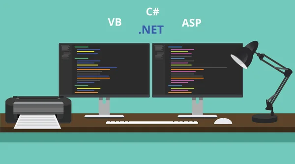 Programcı çalışma alanı visual studio .net teknolojisi asp vb temel — Stok Vektör