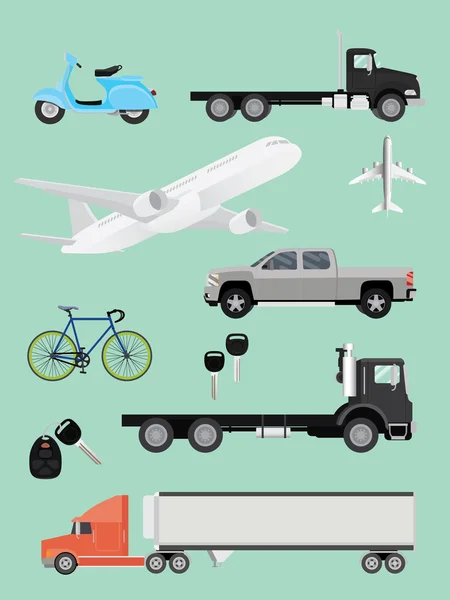 Transporte coleta caminhão avião suv avião reboque motor e bicicleta — Vetor de Stock