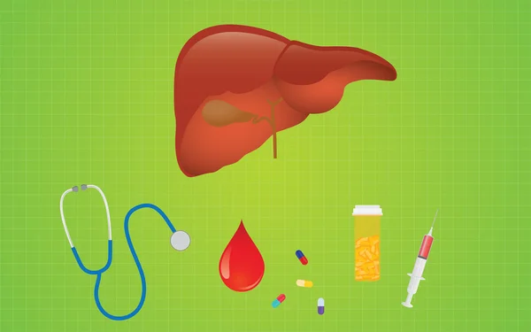Hepatite hepática doença com pílulas de mediicina e ícone de cuidados de saúde —  Vetores de Stock