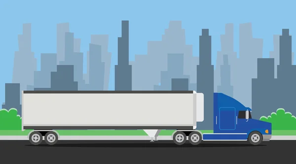 Vrachtwagen aanhangwagen blauwe vervoer op de snelweg met stad achtergrond — Stockvector