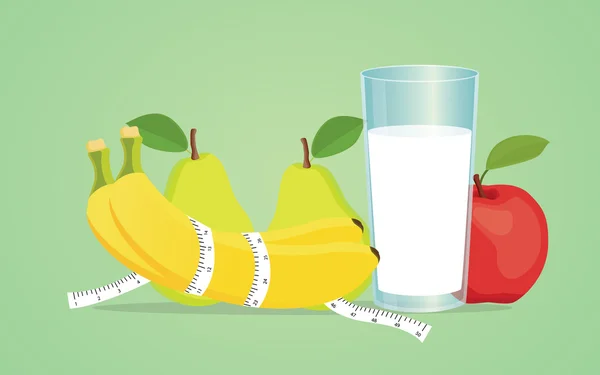 Διατροφή φρούτα με την μπανάνα αχλάδι γάλα apple υγιή — Διανυσματικό Αρχείο