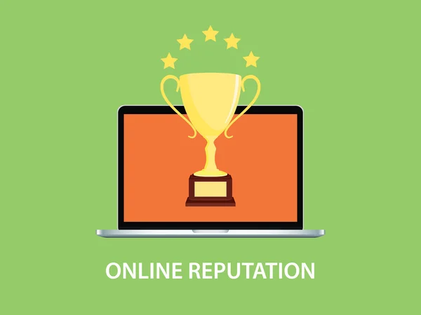 Ilustração reputação on-line com notebook laptop e troféu de ouro —  Vetores de Stock