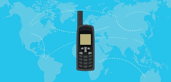 Satellitentelefon isoliert mit Weltkarte als Hintergrund — Stockvektor