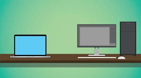 녹색 배경으로 책상에 pc vs 노트북 비교 — 스톡 벡터