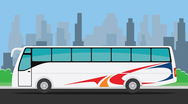Ônibus na estrada ilustração com fundo da cidade —  Vetores de Stock