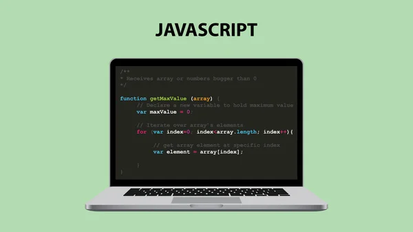 JavaScript programmeren taal illustratie met laptop en java-scriptcode — Stockvector