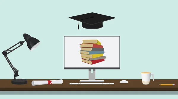 Educación en línea tapa de graduado con portátil portátil y pila de libros — Vector de stock