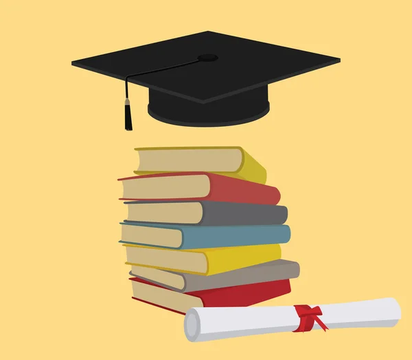 Ausbildung mit Bücherstapel und Absolventenmütze — Stockvektor