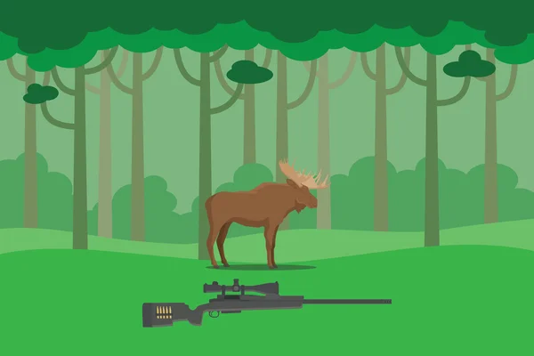 소총 벡터 일러스트와 함께 부시 숲 나무에 사슴 사냥꾼 그림 — 스톡 벡터