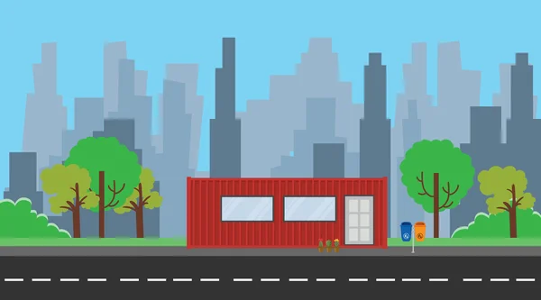 Container huis illustratie met rode kleur en stad achtergrond boom bomen — Stockvector
