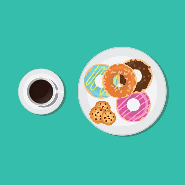 Café noir, beignets et biscuits, petit déjeuner délicieux sur assiette et illustration vectorielle tasse — Image vectorielle