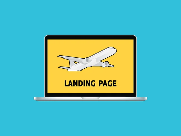 Símbolo de sinal de página do site de destino com laptop e gráfico de vetor de avião — Vetor de Stock