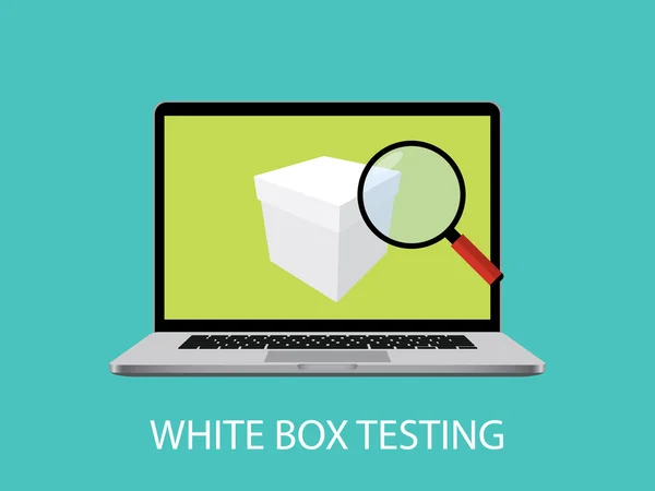 Concetto di test scatola bianca con notebook portatile e illustrazione grafica vettoriale lente d'ingrandimento — Vettoriale Stock