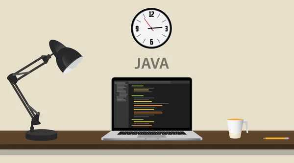 Imparare la programmazione Java apprendimento con laptop e codice sul computer grafica vettoriale illustrazione — Vettoriale Stock