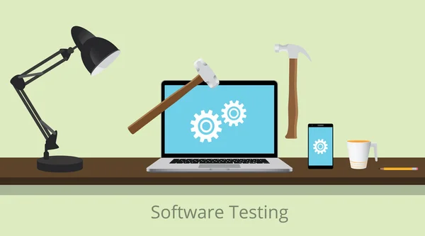 Ilustração de teste de software com laptop e engrenagem e martelo ilustrados para testar a ilustração gráfica do vetor de software —  Vetores de Stock