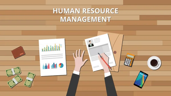 Ανάπτυξης ανθρώπινου δυναμικού διαχείριση ανθρώπινου δυναμικού με χέρι άτομα που εργάζονται για το βιογραφικό και γράφημα χρήματα διανυσματικά εικονογράφηση — Διανυσματικό Αρχείο