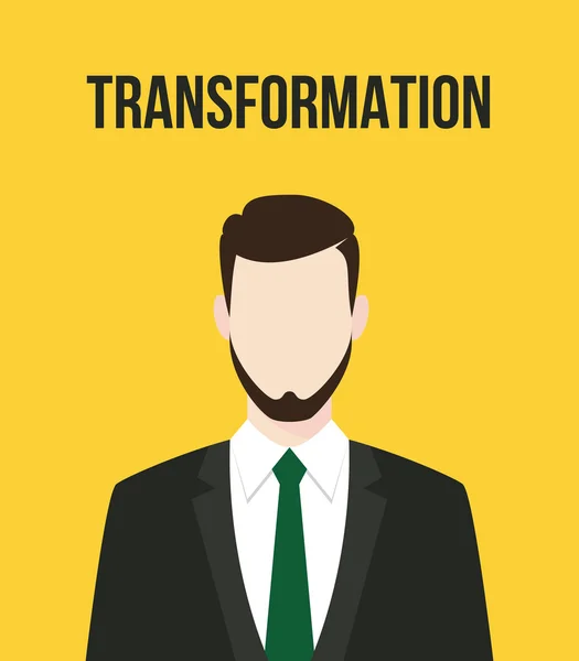 Concepto de transformación con empresario utilizar un traje y texto en la parte superior con ilustración gráfica vectorial de fondo amarillo — Vector de stock