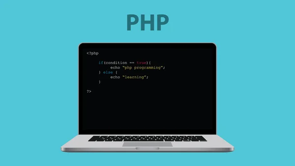 Linguaggio di programmazione php con laptop e codice sull'illustrazione grafica vettoriale del computer — Vettoriale Stock