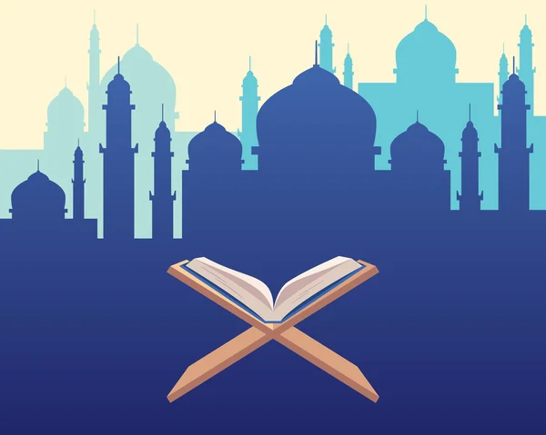 al-quran quran koran islam religion book with mosque sillhouette as background vector graphic illustration