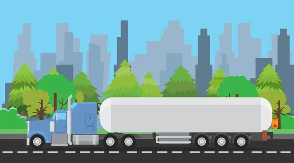 Camion gaz ou remorque liquide sur le chemin avec la ville et les arbres illustration graphique vectorielle de fond — Image vectorielle