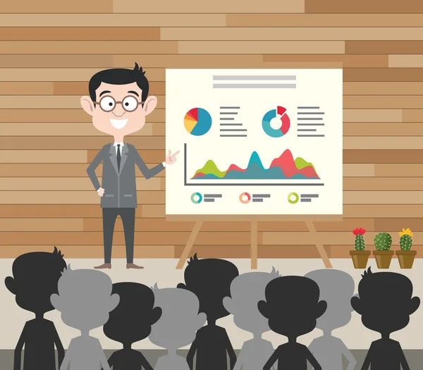 Geschäftspräsentation Geschäftsmann, der anwesende Diagrammdaten vor der Masse Leute Vektorgrafik Illustration steht — Stockvektor