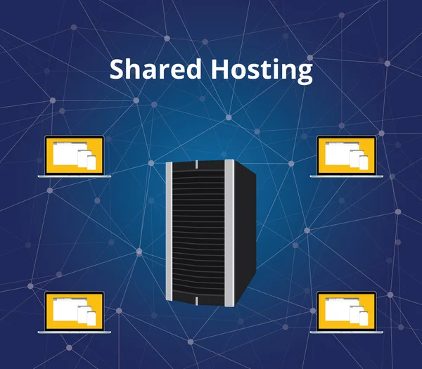 Shared Hosting mit Server- und Laptop-Kommunikationsvektorgrafik — Stockvektor
