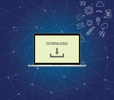 download işlem simgesi üstünde perde-in belgili tanımlık laptop ve arka plan vektör grafiği olarak yaymak veri simgesi