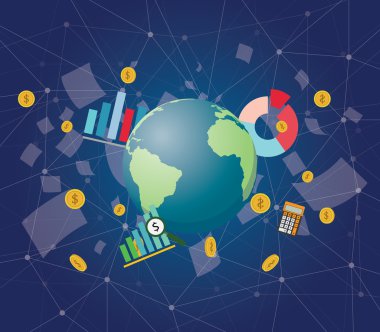 gezegen dünya para grafiği ve kağıt belge vektör grafik ile küresel ekonomi