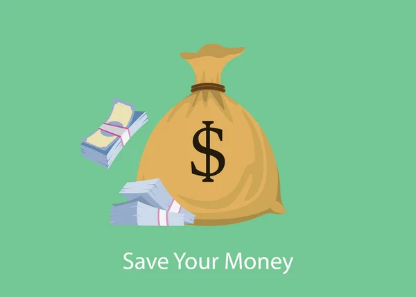 Spara dina pengar med påse och stack av kontanter dollartecken vektorgrafik — Stock vektor