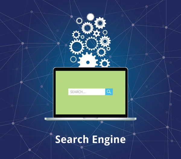 搜索引擎笔记本电脑与搜索框和齿轮作为背景矢量图形 — 图库矢量图片