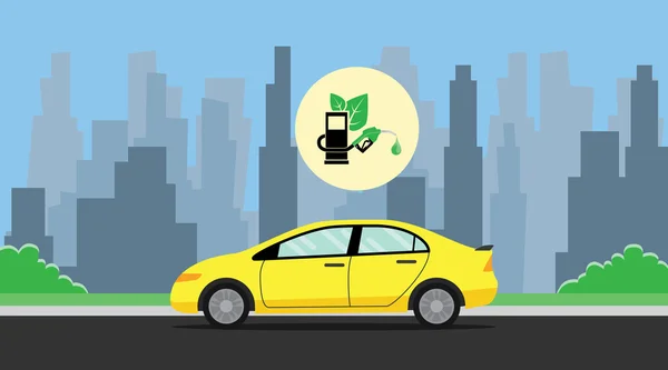 Biocombustível verde com folha com carro no caminho de fundo cidade vetor gráfico — Vetor de Stock
