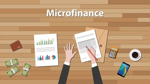 Mikrofinanzfachmann arbeitet in seiner Tabelle an einem Papierdokument mit Graphik und Diagramm-Vektorgrafik — Stockvektor