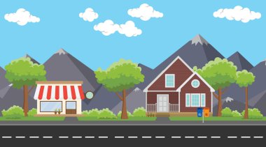 Öyle ya da dükkanı ve ev vektör grafiği olan yol yanında kentsel evi