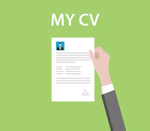 Biznesmen curriculum vitae CV, trzymając jego CV grafiki wektorowej — Wektor stockowy