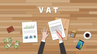 vat value added tax with businessman hand write a graph and text on work desk vector graphic clipart