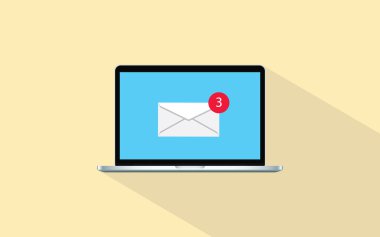 düz uzun gölge ve zarf vektör grafiği ile izole email tebliğ üstünde laptop perde tek