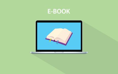 e-kitap kavramı ile açık kitap ve laptop ekran vektör grafiği