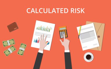 calculated risk concept with businessman hand on table with graph chart money and paper document vector graphic clipart