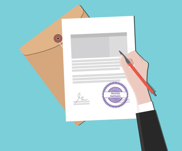 Концепция доверенных партнеров с ручной подписью бумажного документа
