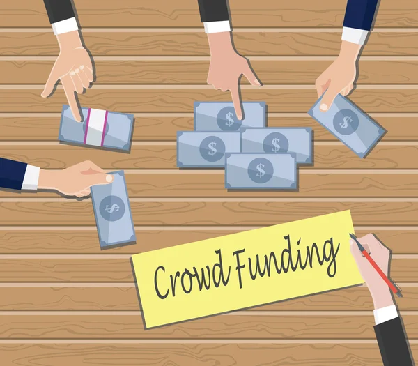 Crowdfunding koncept rukou lidé dávají peníze peníze na stůl vektorové grafiky — Stockový vektor