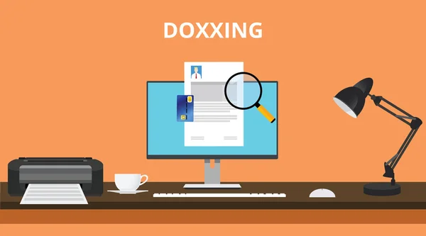 Doxxing concept con ricerca dati personali con computer pc e lente d'ingrandimento — Vettoriale Stock
