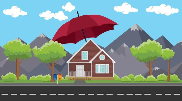 Huis verzekering teken of symbool bescherming met paraplu en berg als achtergrond vectorafbeelding — Stockvector