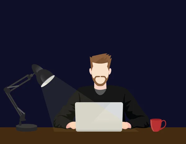 Persone che lavorano sul davanti del computer portatile fino a tarda notte con una tazza di caffè bevanda e lampada da scrivania grafica vettoriale — Vettoriale Stock