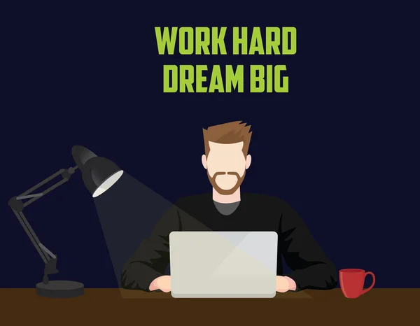 Trabalho duro e sonho grande empresário trabalho até tarde da noite trabalhando no laptop com lâmpada de mesa vetor gráfico —  Vetores de Stock