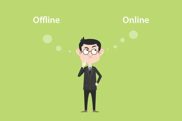 Online of offline concept with businessman standing confuse to choose between two option vector graphic — Stock Vector