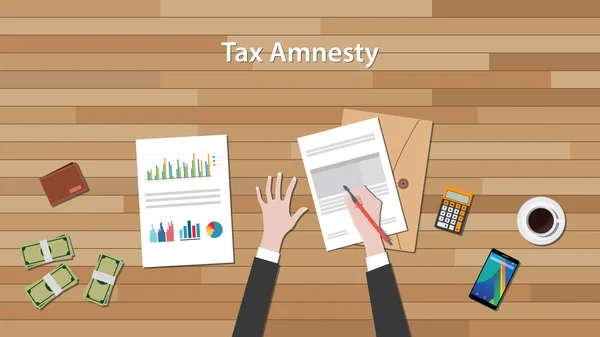 Tax amnesty with businessman hand signing a paper document with graph and chart with money vector graphic — Stock Vector